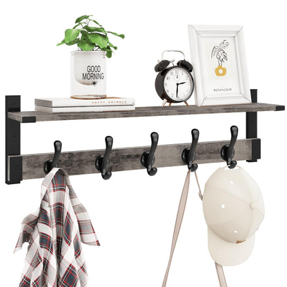 Homode Coat Rack Wall Mount with Shelf, 29 Inch Wood Wall Shelf with Hooks, Entryway Coat Hanger Wall Mount with 5 Hangers for Bathroom, Bedroom, Living Room, Grey