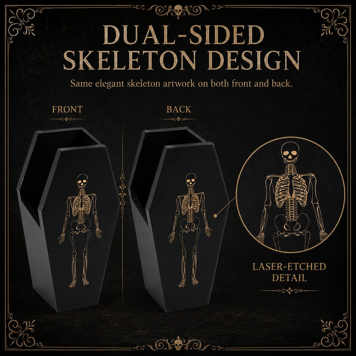 TOSOENPHY Halloween Gothic Kitchen Decor - Goth Coffin Utensil Holder (Utensils Not Included), Dual-Sided Laser-Etched Skeleton, Solid Wood Large Capacity for Spooky Bats Spoons Skull Spatulas