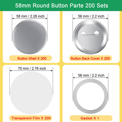 200 Sets 58mm/2.25" Button Maker Supplies, Complete DIY Supplies for Custom Buttons & Badges, Metal Covers, Metal Backs& Clear Film for Button Maker Machine, Pin Maker, Badge Button Press