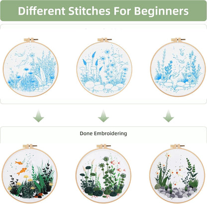 GLTAYLMY Fish Embroidery Kit for Beginners Adults,3 Set Cross Stitch Kits with 1 Plastic Embroidery Hoops,Needles and Color Threads,Needlepoint Kit for Hand Embroidery Starter