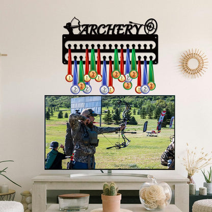 SUPERDANT Archery Medal Hanger Display Sports Medal Holder Wall Mount Archery Medals Hanging 30 Hooks Matte Black Metal Display Rack Iron Race Ribbon Award Organizer Gifts for Athletes 15.7x7.9in