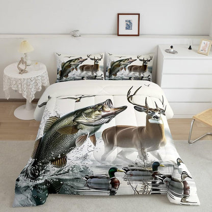 Feelyou Boys Girls Deer Pike Fish Duvet Insert Twin Size, Bass Big Fish Comforter Set Fishing and Hunting Bedding Set Kids Teens Bedroom Decor Bed Set 2Pcs