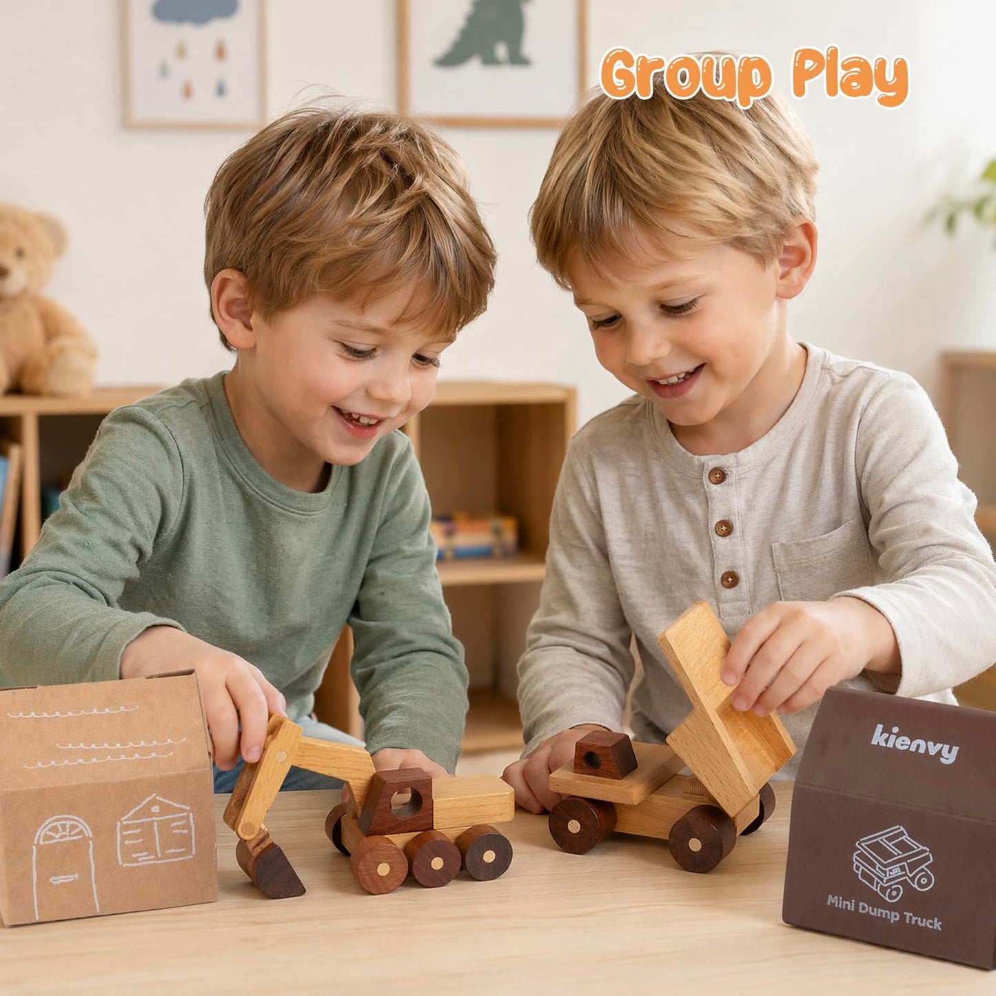 kienvy Wooden Toy Cars for 3 Year Old Boys & Girls - Construction Vehicles Set Push Toys for Toddlers, Wood Montessori Car with Rolling Wheels, Natural Wood Toys (Excavator & Dump Truck)