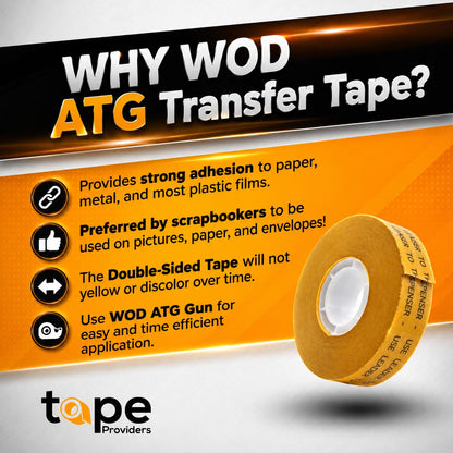 WOD General Purpose ATG Tape, 1/4 inch x 36 yds. (Set of 6 Rolls) Adhesive Transfer Tape Glider Refill Rolls Clear Adhesive on Gold Liner (Acid Free) RWATG20