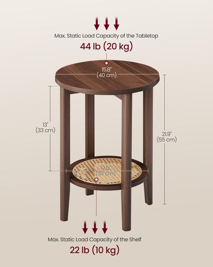 VASAGLE Round Side End Table, 2-Tier Boho Bedside Table with Rattan-Look Storage Shelf, Nightstand for Small Spaces, for Living Room, Bedroom, Home Office, Black Walnut ULET296K01
