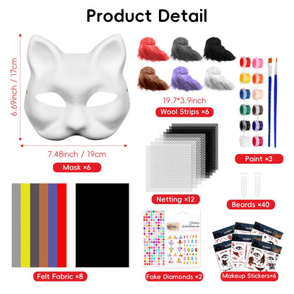 Blurap 83pcs Therian Mask Kit, Cat Mask Base Kit, DIY Furry Masks to Paint, Therian Mask Base Arts Crafts Cat Masks for Halloween Christmas Cosplay Party