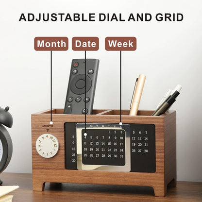 HELAIMAY Wooden Calendar Pencil Pen Holder, Desk Organizer with 2 Slots, Multifunctional Stationery Holder for School Home Office Supplies, Walnut Color, 1 Piece