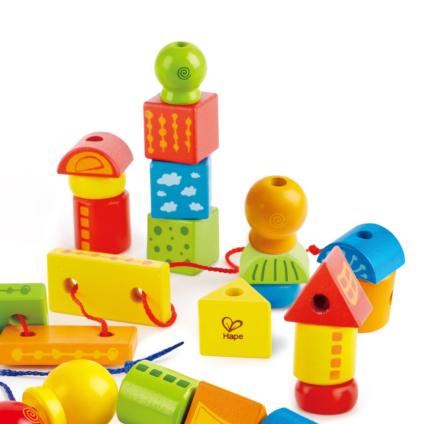 Hape String Shapes Wooden Toy Blocks in 32 Pieces, 3+ Years, Water Based Paint, String