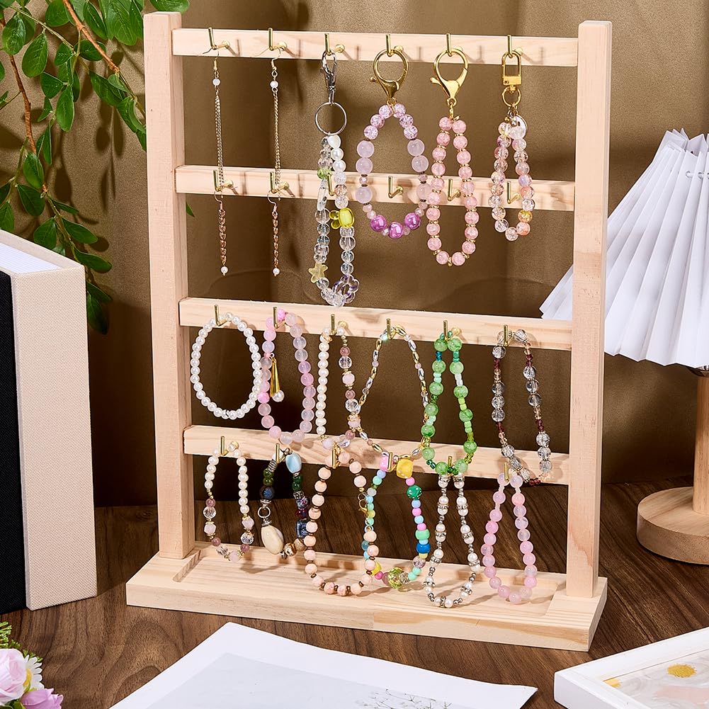 SUPERFINDINGS 4 Tier Wooden Earring Display Stand Keychain Display Stand with 24 Gold Hooks Rack Earring Cards Organizer with Trays for Retail Counter Home Entryway Keychain Necklace Bracelet