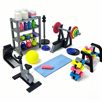 Miniature Gym Equipment Set, Plastic Mini House Fitness Accessories, Miniature Workout Room with Treadmill Exercise Bike Dumbbells for Miniature House Decor Micro Landscape DIY Crafts