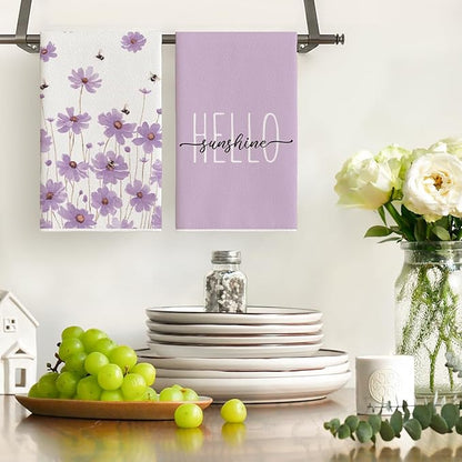 Artoid Mode Purple Flowers Bee Hello Sunshine Summer Kitchen Towels Dish Towels