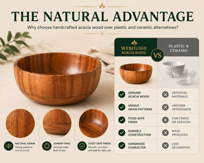 WEBHUSHI Acacia Wood Round Serving Bowls Set of 4 U Shape Handmade 4.75 Inch Medium Size Brown