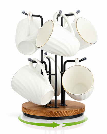 Vosturdy 360° Rotating Large Mug Tree for Counter, Coffee Mug Holder with 6 Hooks, Cup Holder Stand for Countertop, Metal Cup Tree Rack with Weighted Wood Base, Kitchen Coffee Bar Decor Display