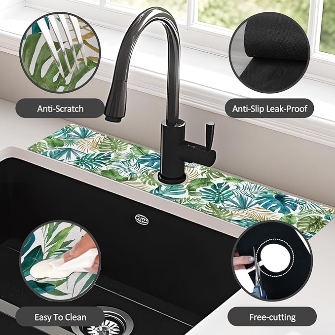 24" X 5.5" Kitchen Sink Splash Guard Faucet Mat Leaf Super Absorbent Fast