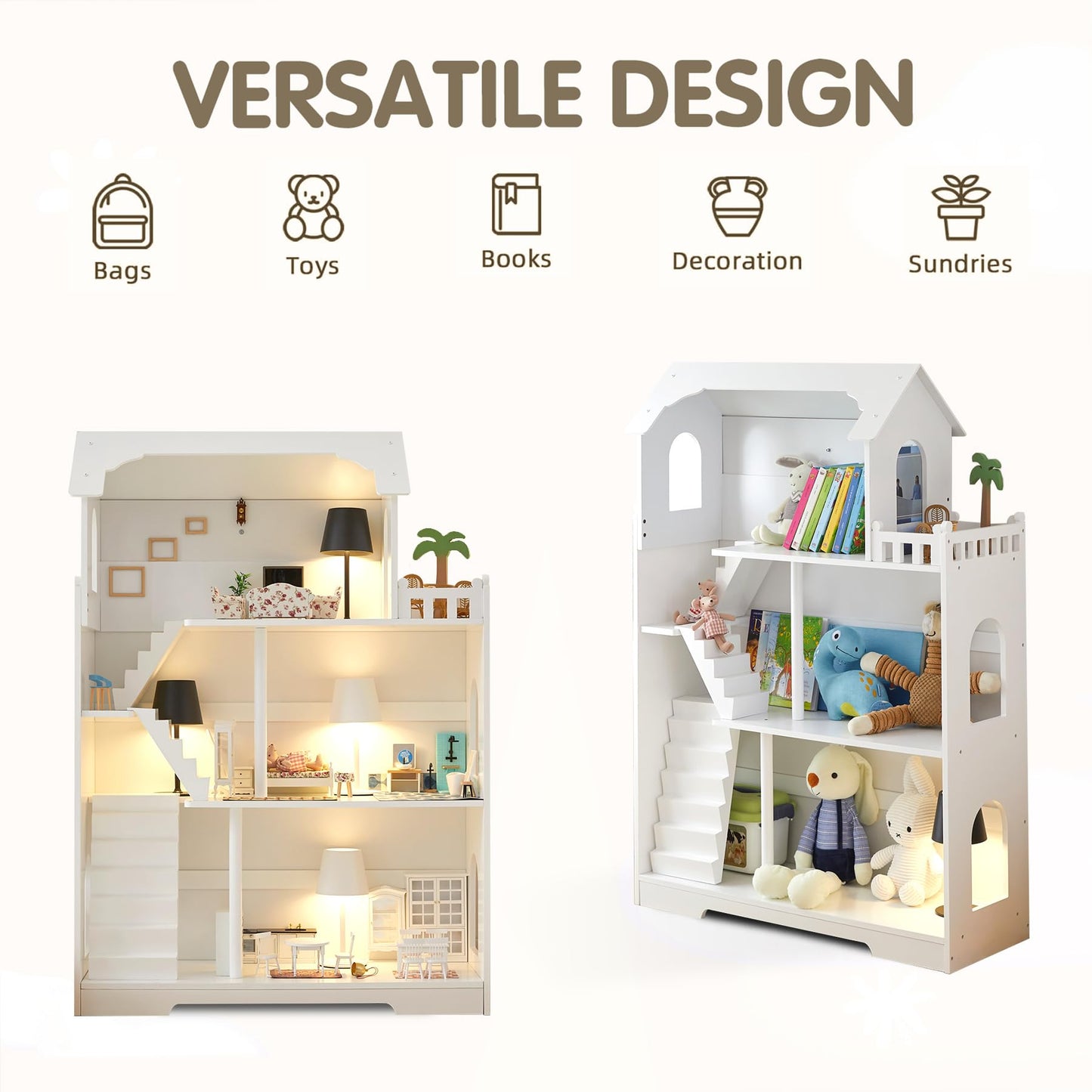 Ocinone Wooden Dollhouse Bookshelf - Toddler Doll House Bookcase, Extra Space Kids Toy Storage Book Shelf, 3-Tier Children Dollhouse, Pretend Play Toy House (Modern Flat Roof)