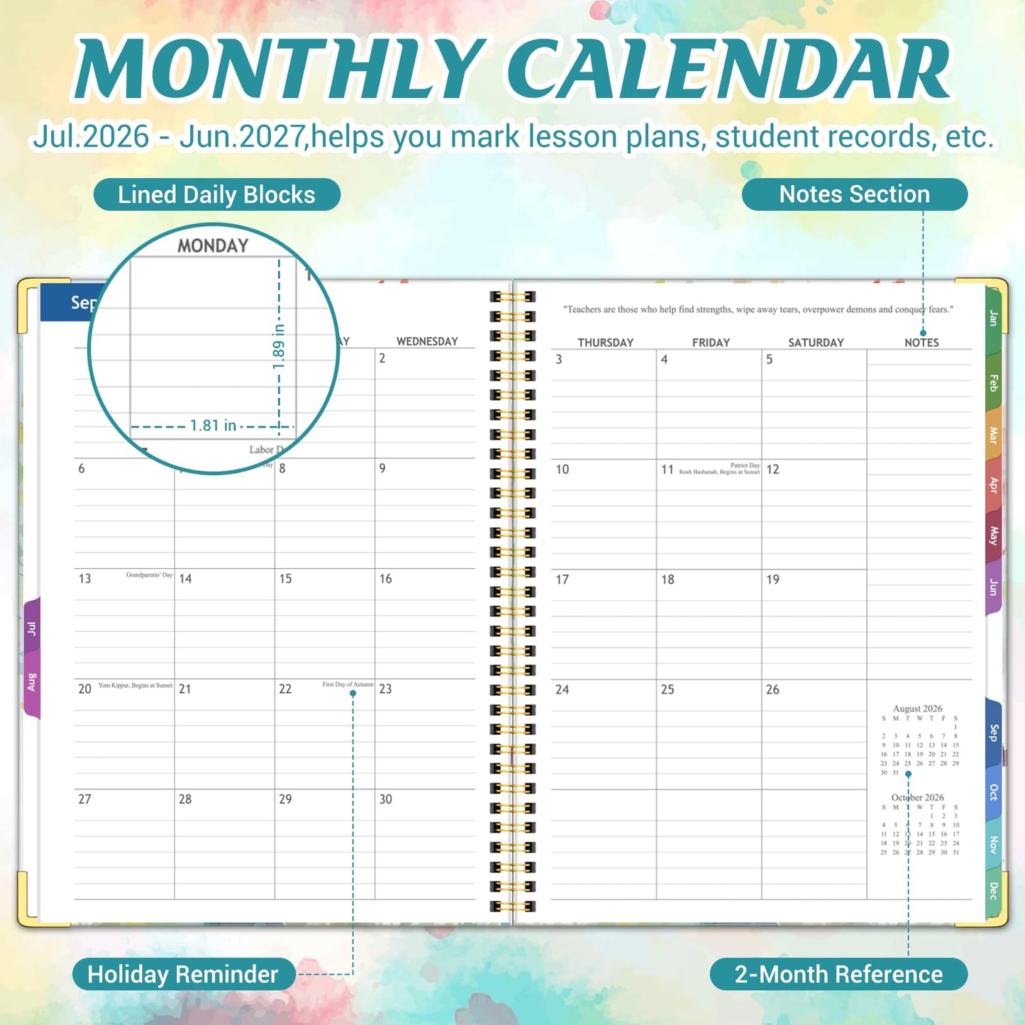 Teacher Planner 2026-2027 Academic Year, Jul.2026 - Jun.2027, 8.5" x 11" Lesson Planner Book for Teachers, Teacher Planners with Colorful Monthly Tabs, Hardcover- Tree
