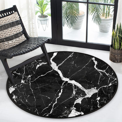 Black and White Marble Texture 63inch Round Indoor Rug, Washable Anti Slip, Room Decor Circle Carpet for Bedroom Living Room Pad