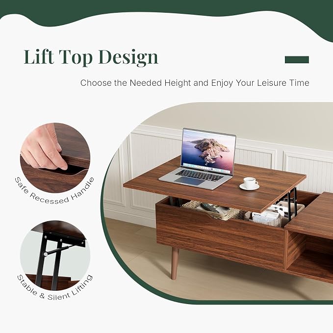 Wood Lift Top Coffee Table with Hidden Storage Compartment & Open Shelf, Multi-Functional Wooden Tabletop Dining Table for Living Room, Home Small Space