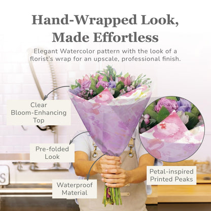 the florist Supply Magnolia Sleeves 20 Pack 17.3 x 13.6 x 3.5 Inch Waterproof Flower Bouquet Sleeves, Flower Bouquet Bags, Plastic Floral Sleeves, Gift-Ready for Wedding, Birthday - Lavender