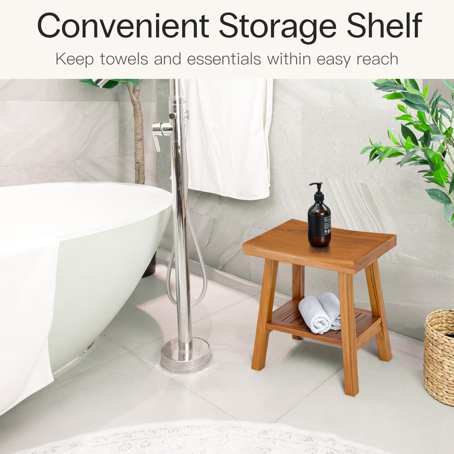 StrongTek Teak Shower Stool with Storage Shelf, 18-Inch Pre-Oiled Teak Wood Bath Seat Bench, Ergonomic Curved Seat, Easy Assembly, Water-Resistant, 350 lbs Capacity, Ideal for Bathroom, Spa & Home Use