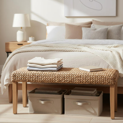 Solid Wood Acacia Indoor Bench with Natural Woven Seat, 47 Inch Wood Bench for Living Room or Entryway Bench, Bedroom End of Bed Bench or Dining Benches, Window Bench (Fishbone, Water Hyacinth)