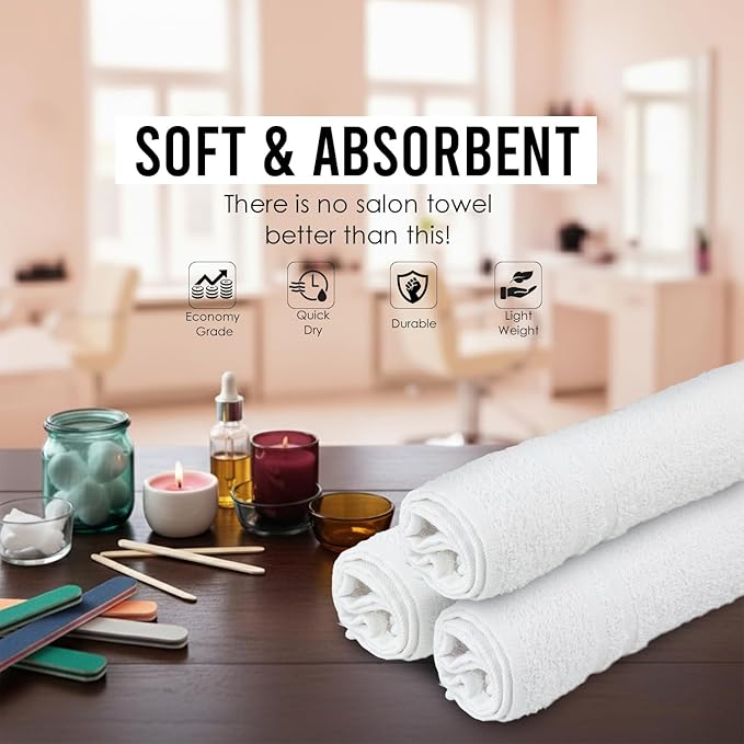 Hand Towels - White Economy Salon & Spa Towels - 100% Cotton, Highly Absorbable