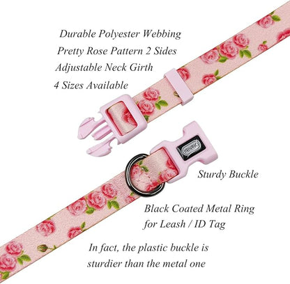 Dog Collar Leash Set, Floral Pattern, Polyester Material, Adjustable Collar and 5ft Matching Leash, for Puppy Dogs.(XS, Pink Rose)