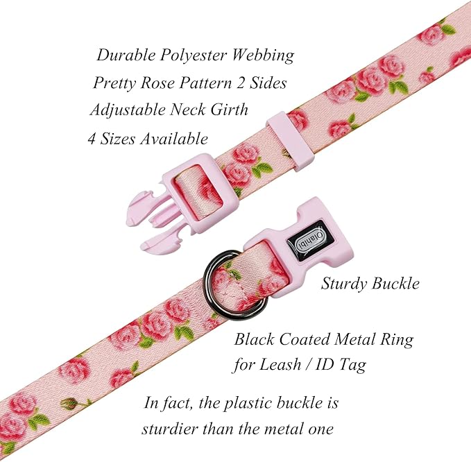 Dog Collar Leash Set, Floral Pattern, Polyester Material, Adjustable Collar and 5ft Matching Leash, for Large Dogs.(L, Pink Rose)