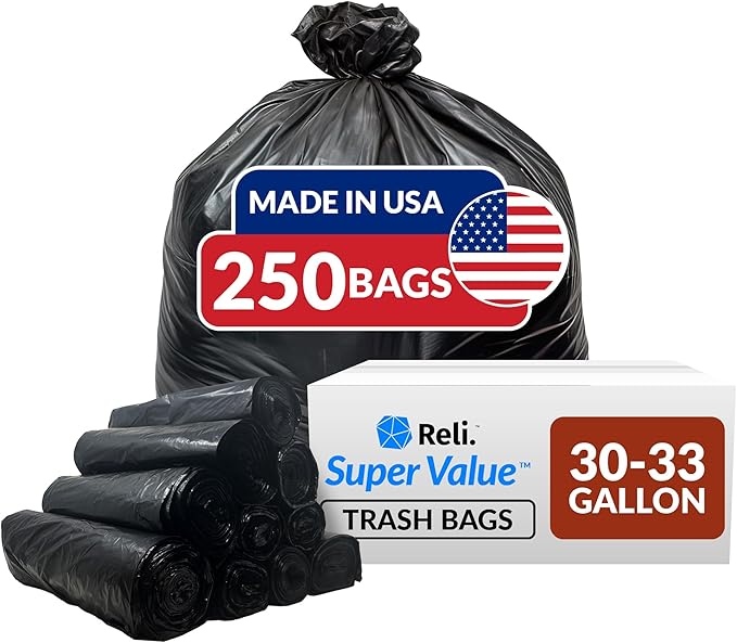 Reli. 30-33 Gallon Trash Bags Heavy Duty | 250 Count Bulk | Black Large Trash