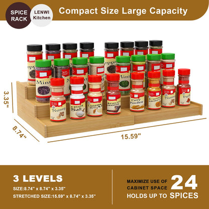 Lenwi Spice Rack Organizer for Cabinet, 3 Tier Expandable Bamboo Spice Storage for Kitchen Cupboard Pantry