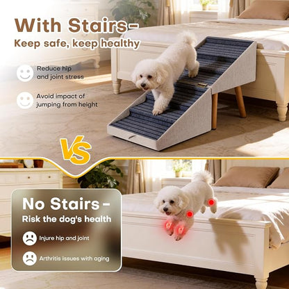 Dog ramp for Small Dogs, 2-in-1 Pet Steps & Ottoman - Foldable Dog ramp for Couch, Non-Slip Wooden Pet ramp for Puppy Senior Injured Dogs (Light Beige, XXL(21.06H))