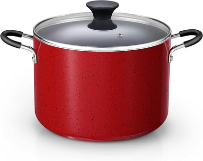 Cook N Home Professional 8 Quart Non Stick Stock Pot with Lid, Riveted Handles, Big Soup Pot for Holiday Feasts, Stockpot with Even Heating, Induction Cookware, Oven & Dishwasher Safe, Marble Red