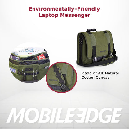 Mobile Edge ECO Laptop Messenger Bag for Men and Women, Fits Up To 17.3 Inch Laptops, Travel Work Computer Bag, Cotton Canvas, Padded Pockets, Black