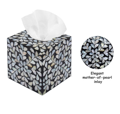 PEMAR Decorative Tissue Box Cover, 5.5” Cube Wooden Tissue Holder with Mother of Pearl Inlay, Farmhouse Rustic Napkin Dispenser for Bathroom, Living Room, Kitchen, Office (White Vines (Standard 5.5")