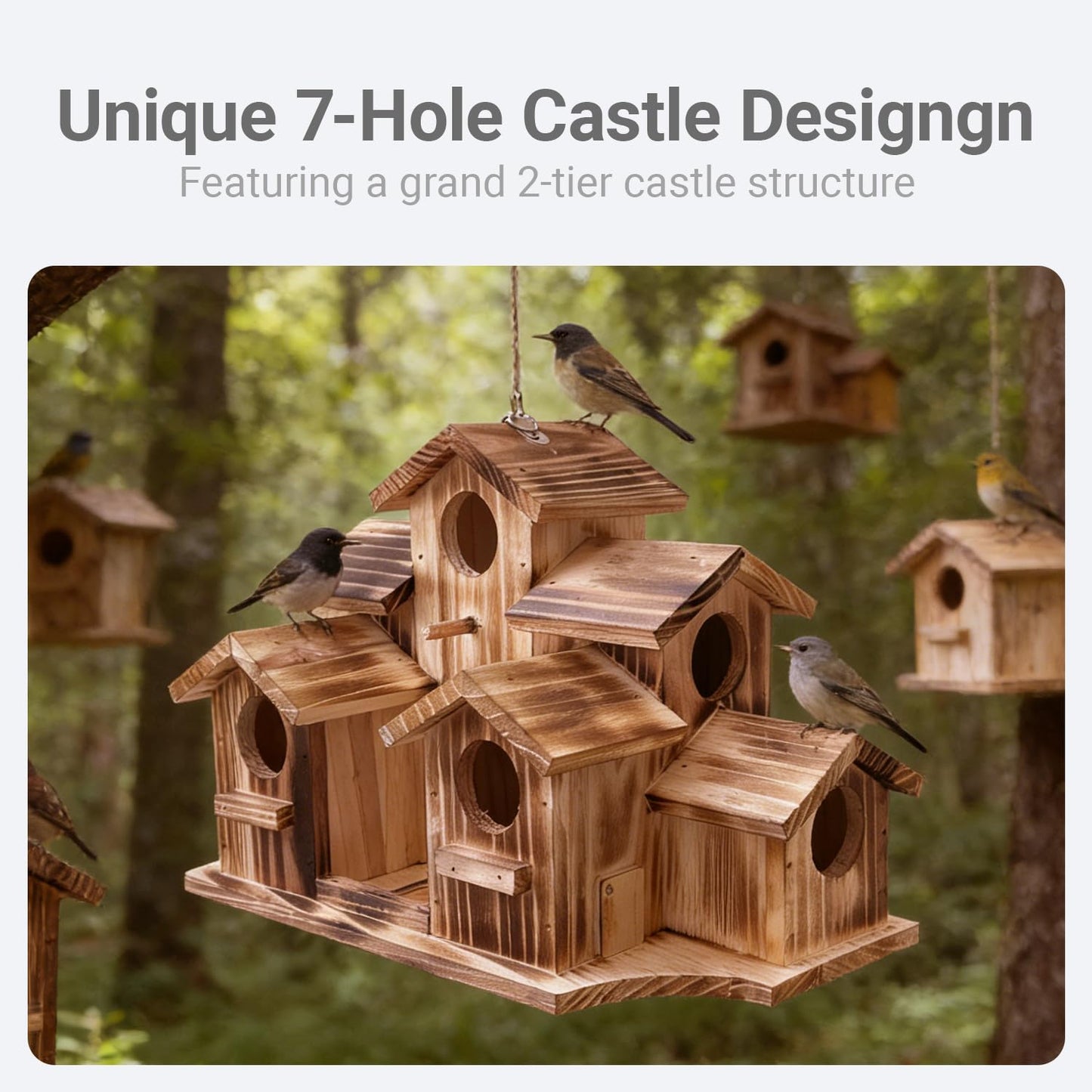 Wooden Bird House for Outside, 7-Compartment Large Birdhouse Castle with Perches, Weatherproof Burnt Wood Hanging Bird Nest for Garden Patio, Decorative Bird Shelter for Bluebird, Finch, Sparrow