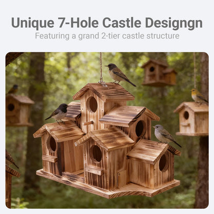 Wooden Bird House for Outside, 7-Compartment Large Birdhouse Castle with Perches, Weatherproof Burnt Wood Hanging Bird Nest for Garden Patio, Decorative Bird Shelter for Bluebird, Finch, Sparrow