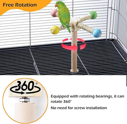 Bird Stand Perch Toy, Interactive Spinning Parakeet Toys, Wooden Exercise Wheel Parrot Toy, Enrichment Cockatiel Toy for Birds Cage, Bird Cage Accessories Perch Toys for Budgies (Small)