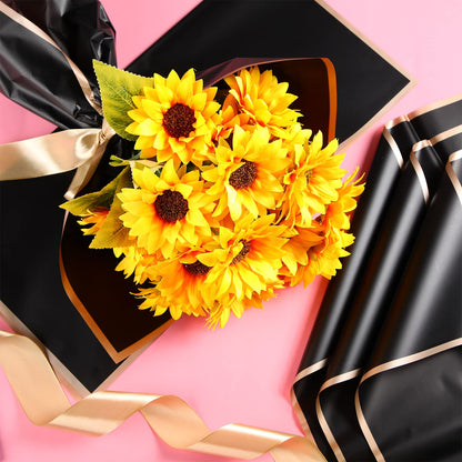 Yahenda 420 Sheets Black Flower Wrapping Papers:23" x 23" Black Flower Bouquets with Gold Edge Korean Style Wrapping Paper for DIY Gifts Craft Floral Supplies Packaging