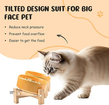 SPUNKYJUNKY 15° Slanted Ceramic Dog and Cat Bowl with Wooden Stand, Tilted Bulldog Food and Water Bowl No Slip Non-Spill for Cats Medium Dogs Big Face Pets 13.5 OZ (1.7 Cups, Yellow × 2)