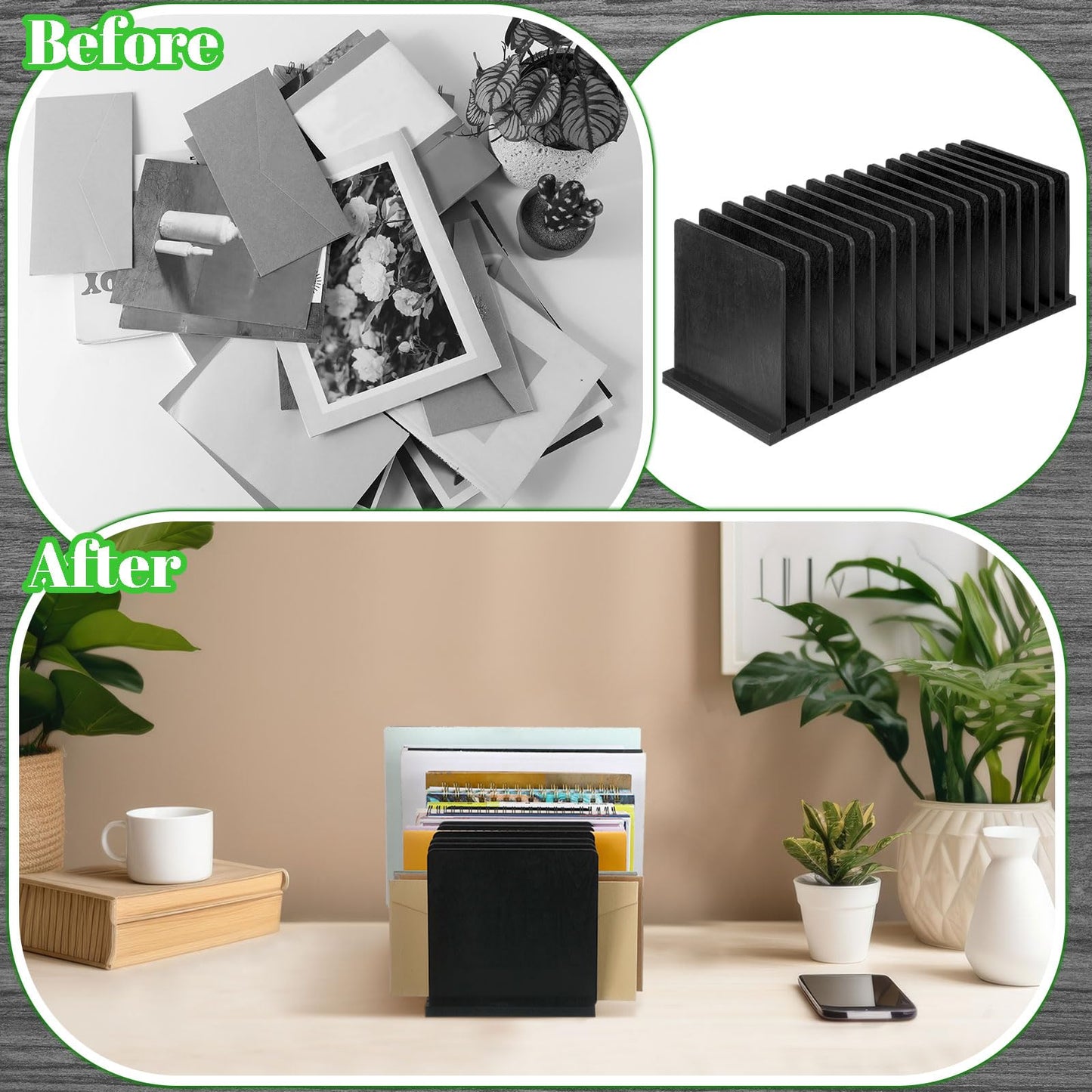 Threehoney Desk File Organizer 15 Compartments Vertical File Organizer Wood Mail Holders Countertop Letter Sorter Desktop Mail Paper Holder Folder Filing Cell Phone Document Storage Tray(Black)