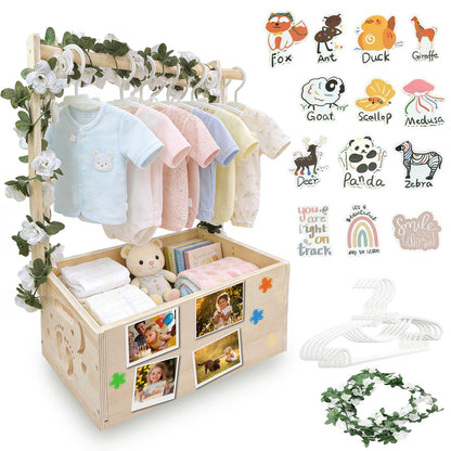 DWETG Wooden Baby Shower Crate – Personalized Baby Gift Basket for Newborn Boy & Girl, Baby Closet Organizer with Handle, Keepsake Storage Box for New Mom & Parents