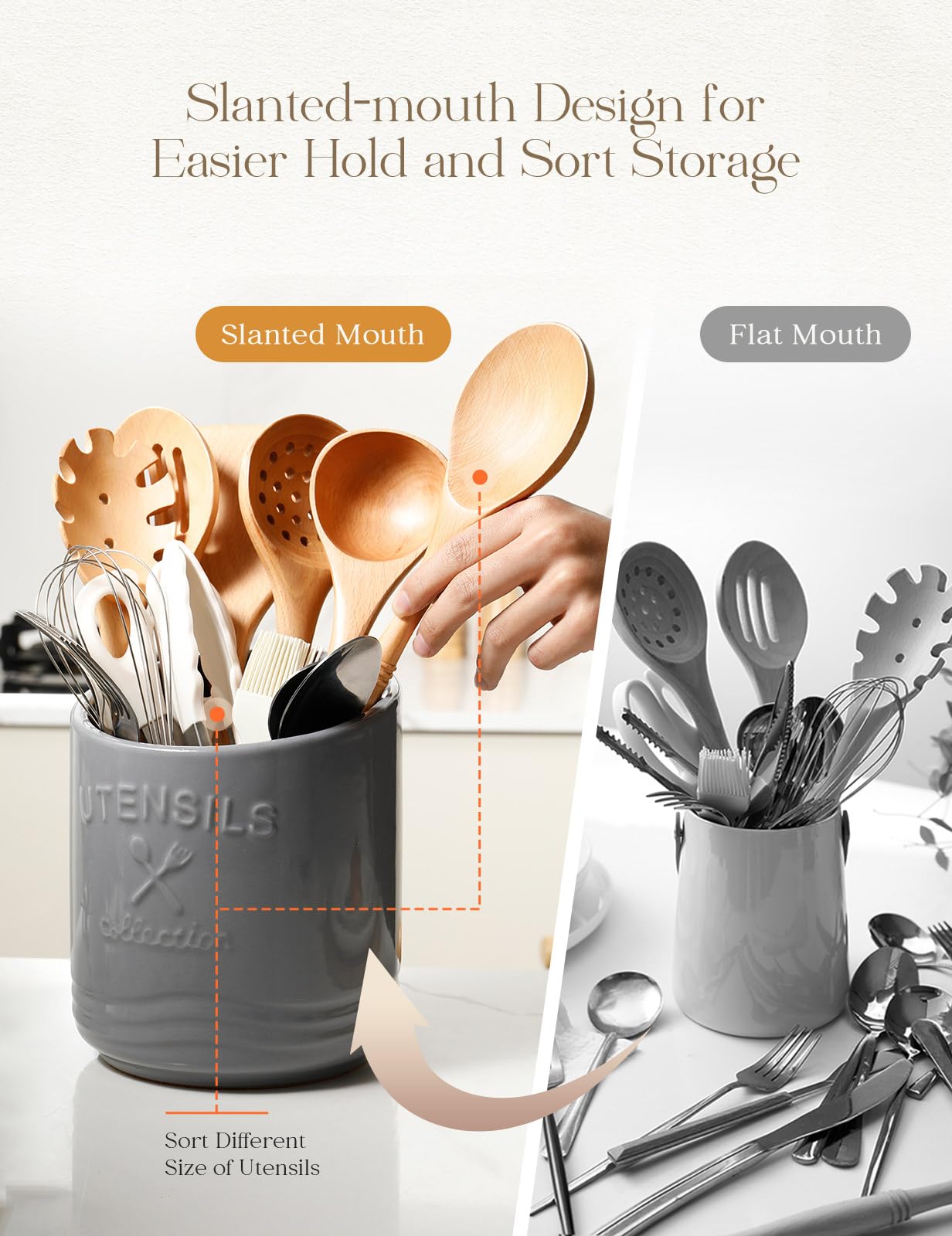 AISBUGUR Large Ceramic Utensil Holder 7.5" H×6.3" W with Slanted Mouth - Utensil Crock with Non-Slip Cork Base for Kitchen Counter, Ideal for Decor & Gift,Grey