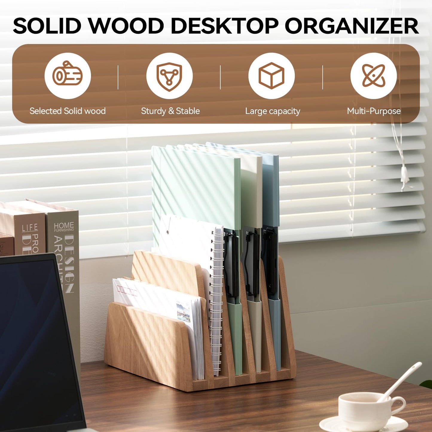KIRIGEN Wooden Desk Mail Organizer, 5-Slot File Holder and Letter Sorter for Mail, Folders, Bills, Papers, Notebooks, Home Office, Classroom, Countertop, No Assembly, Natural 5KWJJ-NA