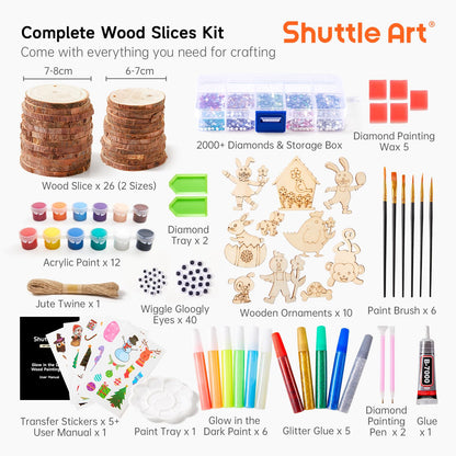 Kids Wood Painting Craft Kit, Glow-in-the-Dark Paint and Diamond Painting on Wood Slices with Stickers & Wiggle Eyes, Ideal Arts and Crafts for Kids Ages 5-12, Gifts for Halloween, Christmas, Birthday