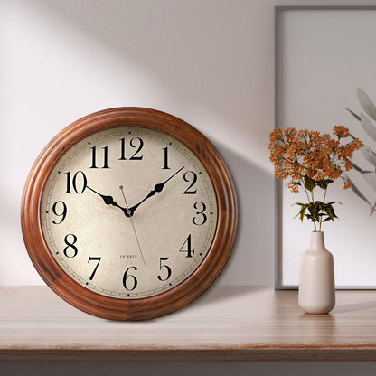 Auafanzy 16 Inches Wooden Wall Clock with Retro Design, Large Round Wood Wall Clock with Big Arabic Numerals, Battery Operated Silent Non-Ticking Brown Clock for Living Room, Kitchen, Bedroom.