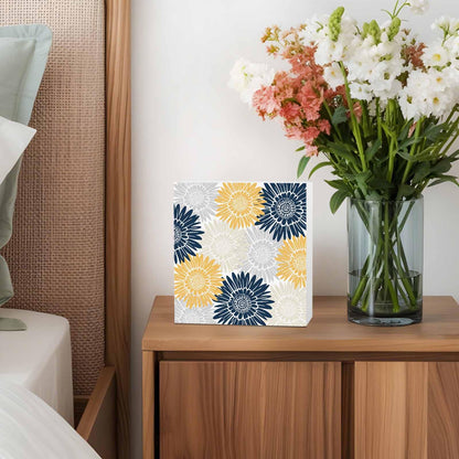 Navy Blue Gray Yellow Sunflowers Wood Box Sign Desk Decor, Abstract Blooming Floral Decorative Wooden Block Box Sign Decorations for Home Office Shelf Table Decor 6x6 Inches
