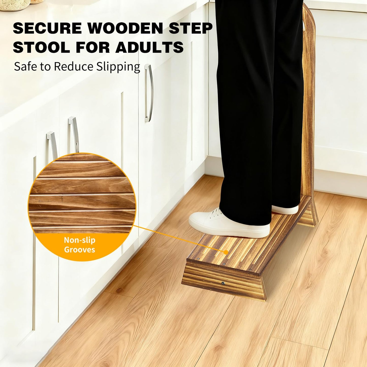 Coocure Wooden One Step Stool with Handle, 5" Height Wooden Step for Bathroom/Kitchen, Solid Wooden Step with trapezoidal feet for Elderly, Adults, Kids to Get in & Out of Bed Easily(440LBs Capacity)