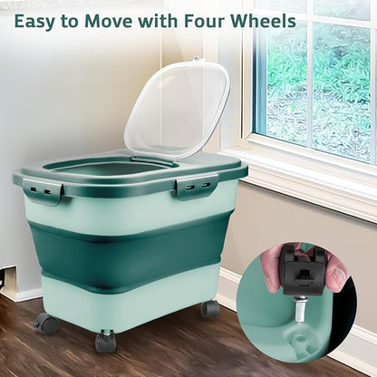 Komzon Rice Storage Containers, Collapsible 20 to 30Lbs Food Storage Bin Dispenser with Rolling Wheel and Clear Airtight Lid, BPA Free Flour, Sugar, Cereal and Dog Cat Pet food Containers