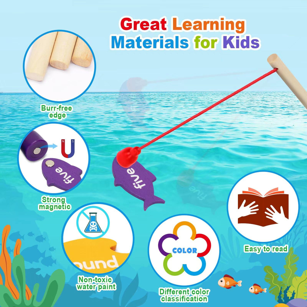BAYSING Wooden Magnetic Sight Word Fishing Game for Toddlers, Alphabet Fish Catching Games Puzzle with Letters, Homeschool Sight Word Educational Toy for Age of 3,4,5,6 Year Old Kids, Boys & Girls