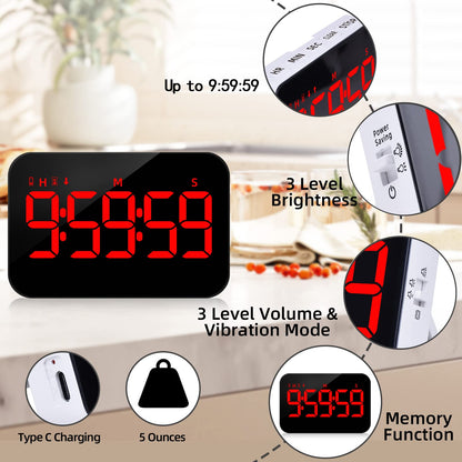 PERSUPER Digital Timer Kitchen Timer Count Down Up Rechargeable Kitchen Gadgets Vibration Mode Adjustable Volume and Brightness LED Display Time Management for Cook, Desk, Kids Adults Study Teaching